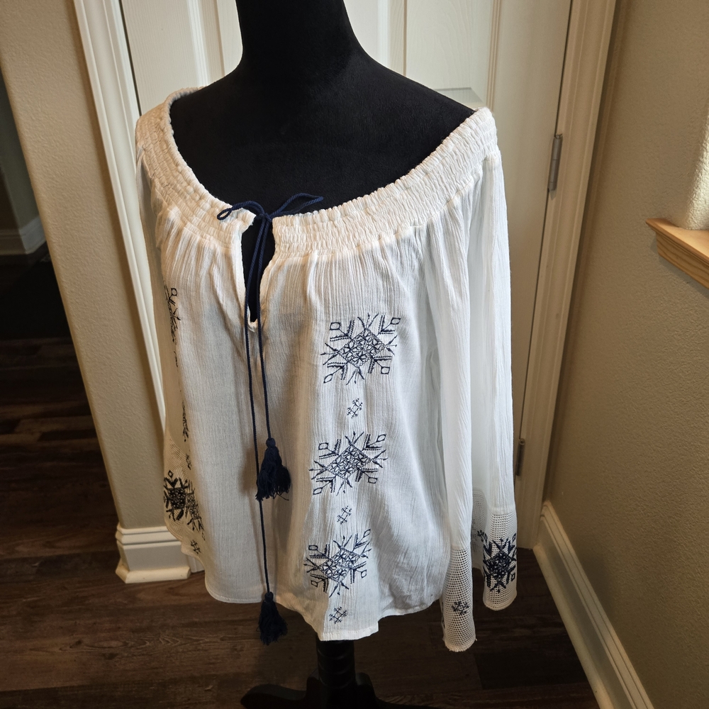 Off White &  Blue Embroidered Off The ShoulderTop
